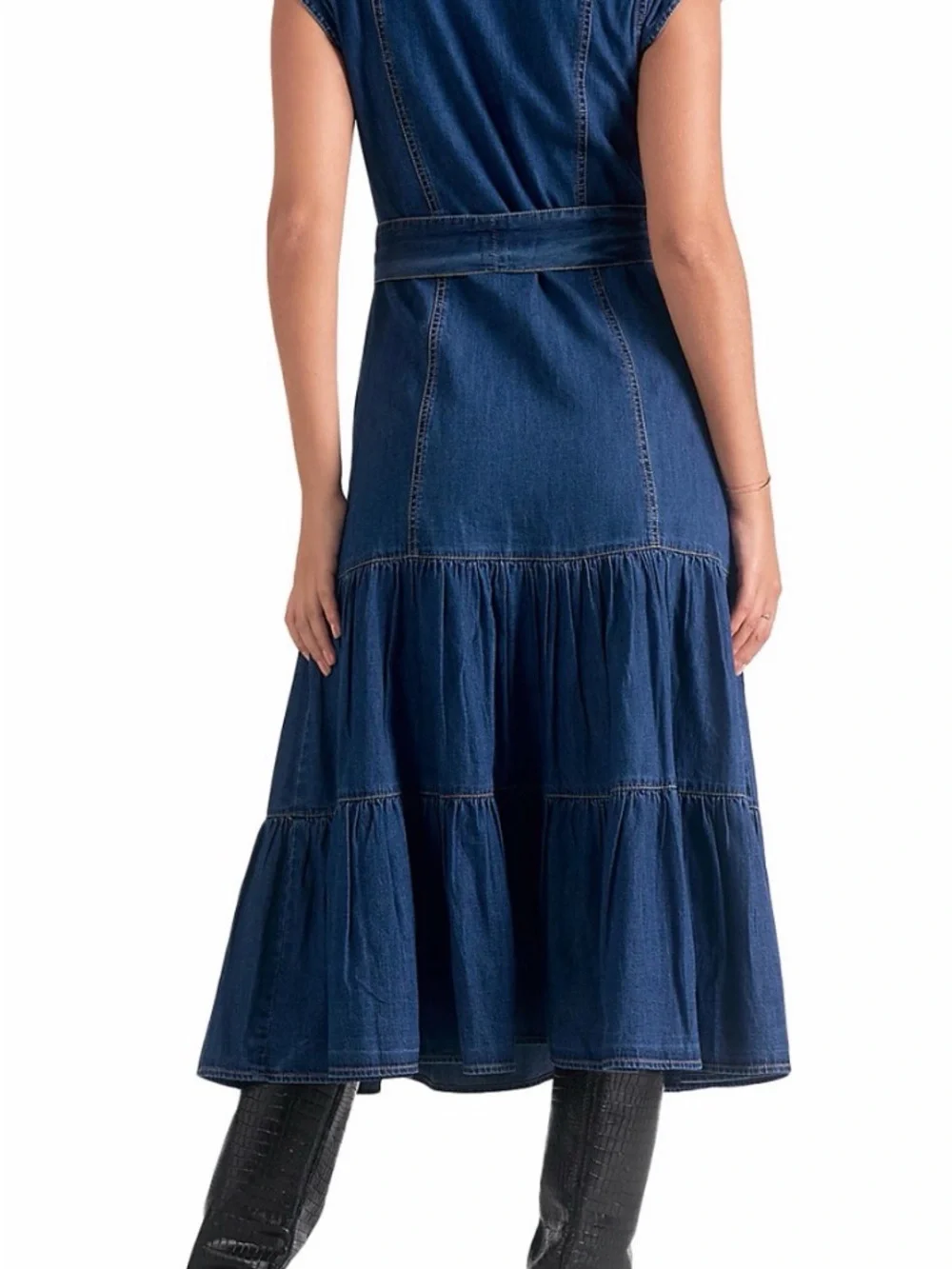 Elan Indigo Denim Tiered Maxi Skirt with Self-Tie Waist - Picture 2 of 9
